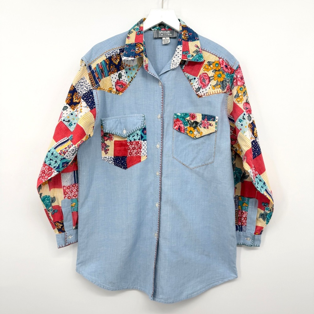 Vintage Chambray Patchwork Top Shirt Large Coastal Cowgirl Western Cottagecore